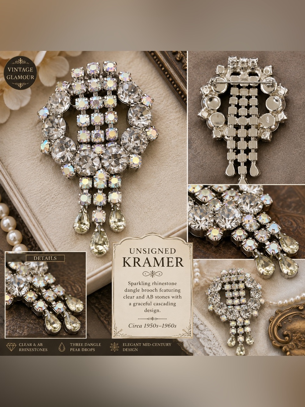 Unsigned Kramer Clear and AB Rhinestone Dangle Brooch